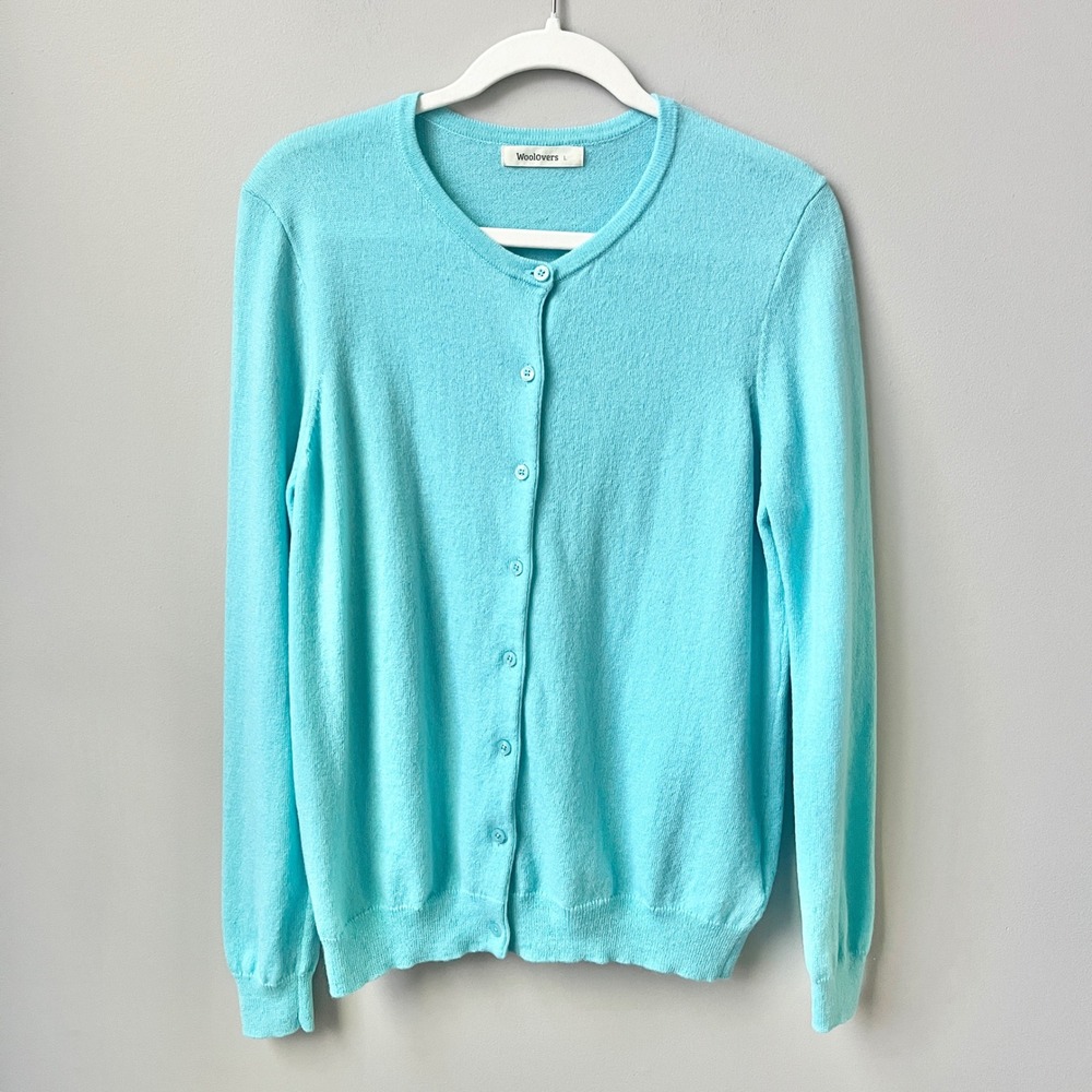 Woolovers Cardigan Sweater Women's Large Merino Wool Cashmere Blend Aqua Blue